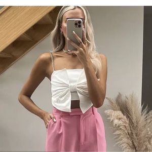 - Zara White Bow Gold Chain Straps Stretchy Crop Top